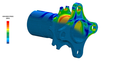 3D Illustration. Von Mises stress and CAE mesh blend isometric view of car suspension hub with scale © Mathew