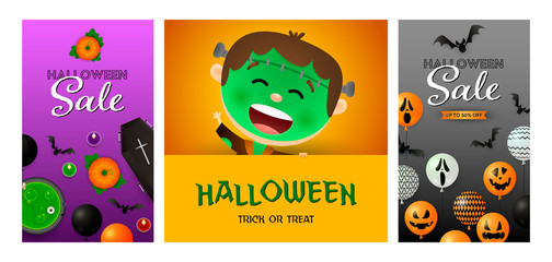 Halloween sale violet, orange banner set with Frankenstein