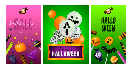 Happy Halloween purple, green banner collection with balloons