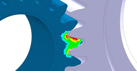 3D Illustration. Von Mises stress plot and CAD model blend isometric view of spur gear mesh © Mathew