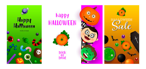 Fototapeta na wymiar Happy Halloween green, violet, orange banner set with monsters