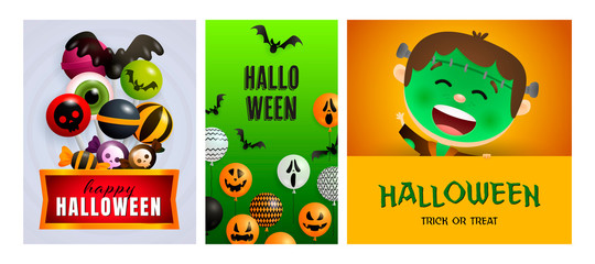 Halloween green, orange banner collection with Frankenstein