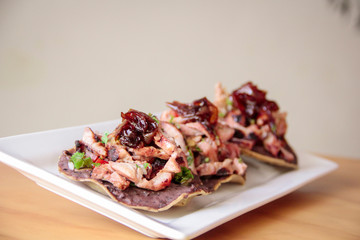 Gourmet mexican tostadas with grilled beef