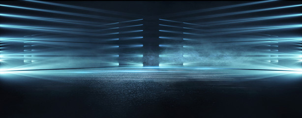 Empty background scene. Dark street reflection on the wet pavement. Rays neon light in the dark, neon figures, smoke. Night view of the street, the city. Abstract dark background. Abstract spotlight. © MiaStendal