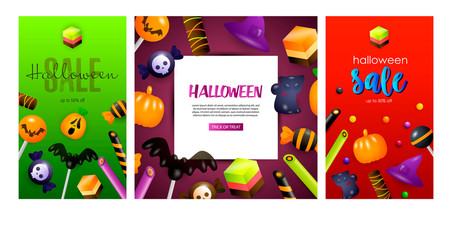 Halloween sale green, violet, red banner collection