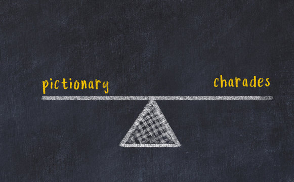 Chalk board sketch of scales. Concept of balance between pictionary and charades
