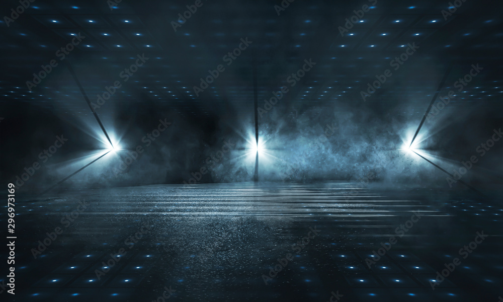 Canvas Prints empty background scene. dark street reflection on the wet pavement. rays neon light in the dark, neo