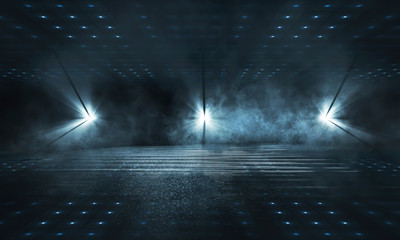 Empty background scene. Dark street reflection on the wet pavement. Rays neon light in the dark, neon figures, smoke. Night view of the street, the city. Abstract dark background. Abstract spotlight. © MiaStendal