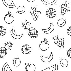 vector seamless pattern with fruits outline icons. pineapple, apple, bananas, orange, plum, watermelon, grapes. for pattern on packaging, wrapper, box, clothes