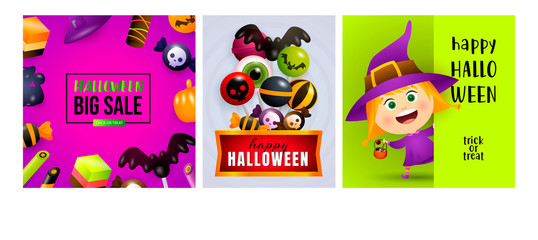 Halloween big sale violet, green banner set with witch