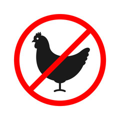 no poultry meat red prohibition sign flat vector icon isolated on white background. raw, vegan, vegetarian eco bio healthy food. refusing to eat animals, chicken