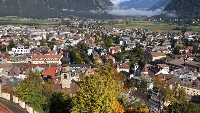 Panoramic view of the city Brunico - Bruneck with the clouds above in the Puster Valley, South Tyrol, Italy