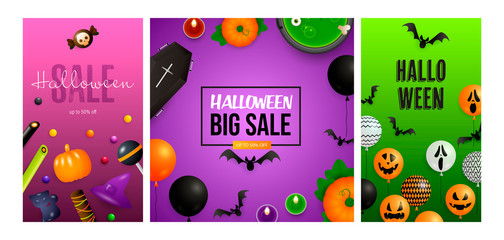 Fototapeta na wymiar Halloween big sale pink, violet, green banner set