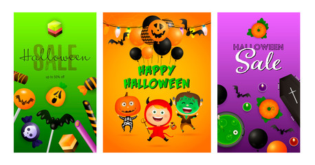 Happy Halloween banner collection with pumpkin, Frankenstein