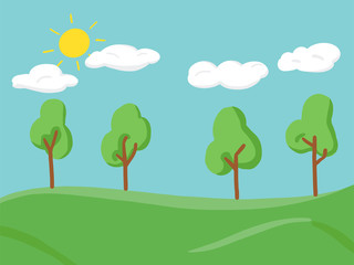 Hand drawn Vector background of trees in the park with sun, cloud, blue sky.