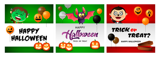 Halloween banner set with Frankenstein, bat, vampire