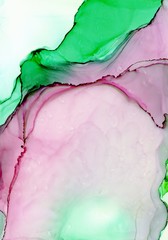 Abstract illustration in alcohol ink technique. Violet and lime green marble texture. Wash drawing effect wallpaper. Modern illustration for card design, creative banners and ethereal graphic design. - 296974511
