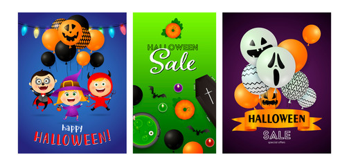 Halloween sale banner set with vampire, devil, witch