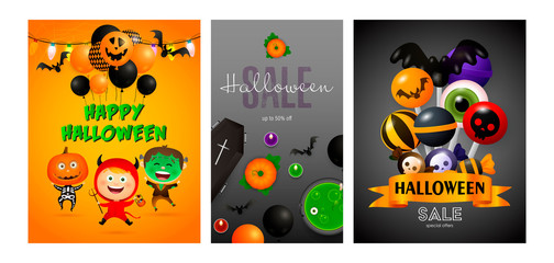 Happy Halloween orange, black banner set devil, Frankenstein