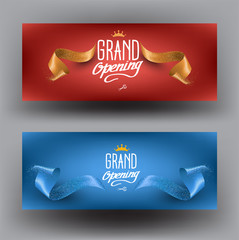 Elegant grand opening invitation banners with curly cut ribbons. Vector illustration
