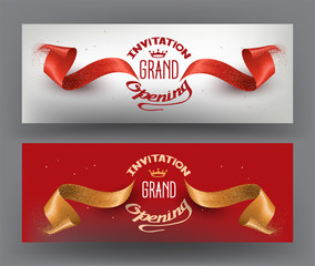 Elegant grand opening invitation card with sparkling ribbons. Vector illustration