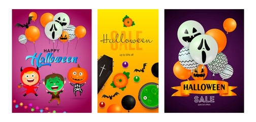 Halloween sale banner set with devil, Frankenstein, pumpkin