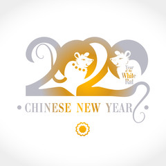 Year of the Rat. Chinese New Year. Beautiful card 2020 flat design with two cute white rats and handwritten inscription. Year of the metal rat 2020 vector template.