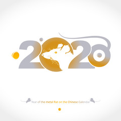 Year of the Rat 2020 on the Chinese Calendar. Portrait of a white rat in a golden circle 2020 and the tail. New Year greeting template. Vector Illustration.  	