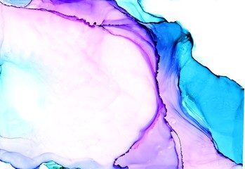 Abstract illustration in alcohol ink technique. Blue, cyan and violet marble texture. Wash drawing effect wallpaper. Modern illustration for card design, creative banners and ethereal graphic design. - 296975154