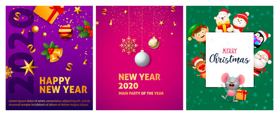 New Year violet, pink, green banner set with animals