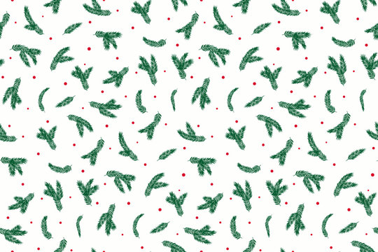 Pine branch and red berries vector seamless pattern illustration on white background. Will be good for decor a postcard, posters, gift wrapping, gift boxes, fabric and etc.