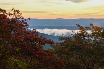 View of the fog covered valley below. Taken from the top of Morrow Mountain State Part NC