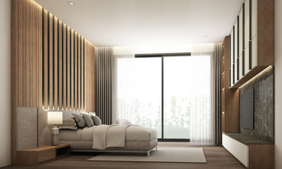 Bedroom modern minimal style with built-in headboard and tv cabinet with wooden and black marble. 3d rendering