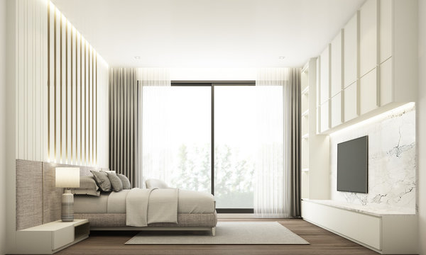 Bedroom modern minimal style with built-in headboard and tv cabinet with wooden and white marble. 3d rendering