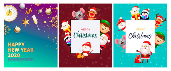 Merry Christmas blue, red banner set with animals