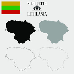 Lithuania outline world map, solid, dash line contour silhouette, national flag vector illustration design, isolated on background, objects, element, symbol from countries set
