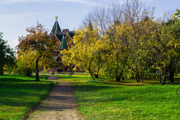 Wooden Palace of the Russian Tsar Alexei Mikhailovich Romanov in the autumn Sunny day in the Park of the Museum reserve Kolomenskoye