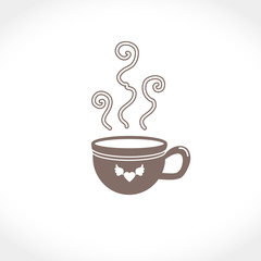 Flat vector illustration of a cup with a hot drink. An invigorating and warming coffee or tea. On the cup is a heart with wings.