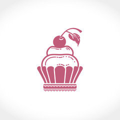 Flat vector illustration of a cream cake with a cherry. Berry or fruit cream in a basket of shortcrust pastry.