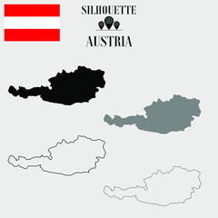  Austria outline world map, solid, dash line contour silhouette, national flag vector illustration design, isolated on background, objects, element, symbol from countries set