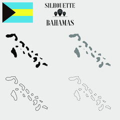 Bahamas outline world map, solid, dash line contour silhouette, national flag vector illustration design, isolated on background, objects, element, symbol from countries set