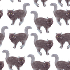 Joli modèle sans couture avec chat noir domestique aquarelle à longue queue. Isolé sur fond blanc pour le design, le tissu, les cartes postales, les bannières.