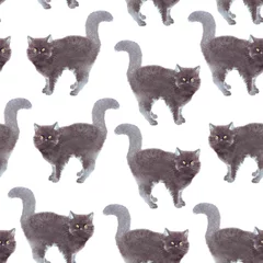 Tapeten Nettes nahtloses Muster mit inländischer schwarzer Katze des Aquarells mit langem Schwanz. Isoliert auf weißem Hintergrund für Design, Stoff, Postkarten, Banner. © Tatiana 
