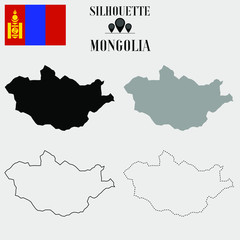 Fototapeta premium Mongolia outline world map, solid, dash line contour silhouette, national flag vector illustration design, isolated on background, objects, element, symbol from countries set
