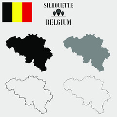 Belgium outline world map, solid, dash line contour silhouette, national flag vector illustration design, isolated on background, objects, element, symbol from countries set