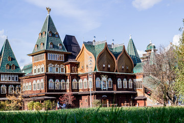 Wooden Palace of the Russian Tsar Alexei Mikhailovich Romanov in the autumn Sunny day in the Park of the Museum reserve Kolomenskoye