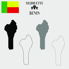 Benin outline world map, solid, dash line contour silhouette, national flag vector illustration design, isolated on background, objects, element, symbol from countries set