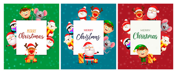 Fototapeta premium Merry Christmas green, blue, red banner set with animals