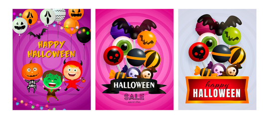 Happy Halloween violet, pink, gray banner set