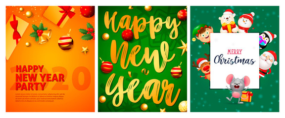 Happy New Year party orange, green banner set with Santa